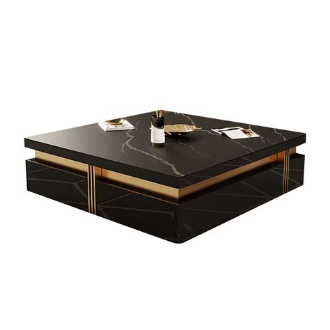 433 Modern Black Square Storage Coffee Table Stone Top And 4 Wood Drawers Coffee Table Square