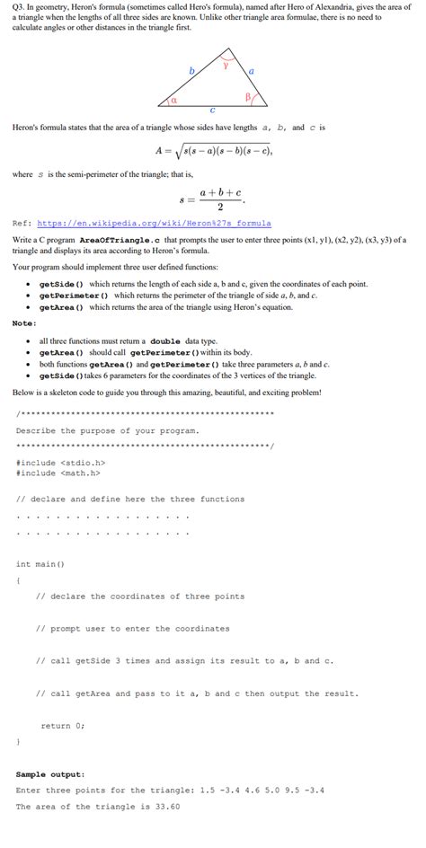 Solved Q3 In Geometry Heron S Formula Sometimes Called Chegg
