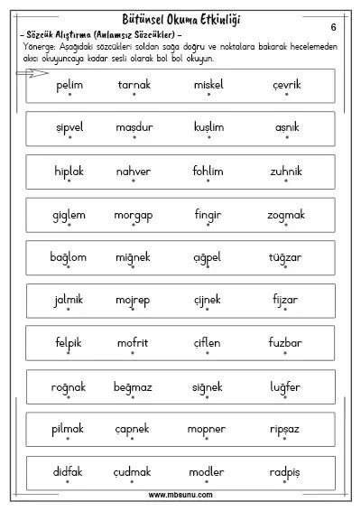 Bütünsel Okuma Etkinliği Sözcük Alıştırma 6 Mbsunu