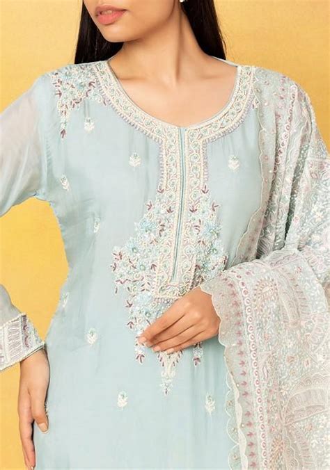 Buy Women Seafoam Floral Sequin Embroidered Kurta Set With Embroidered