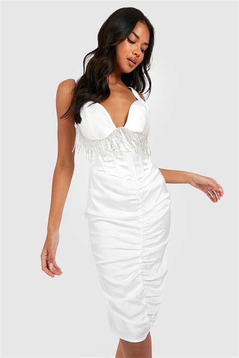 Satin Diamante Corset Midi Dress Boohoo