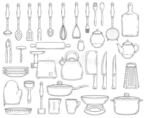 Kitchen Cooking Utensils And Tools Set Sketch Vector Illustration