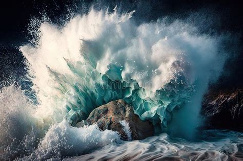 Wave Crashing Into Rocky Shore Creating Bursts Of Foam Stock