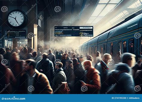 Crowded Train Station During Rush Hour With Passengers Rushing To