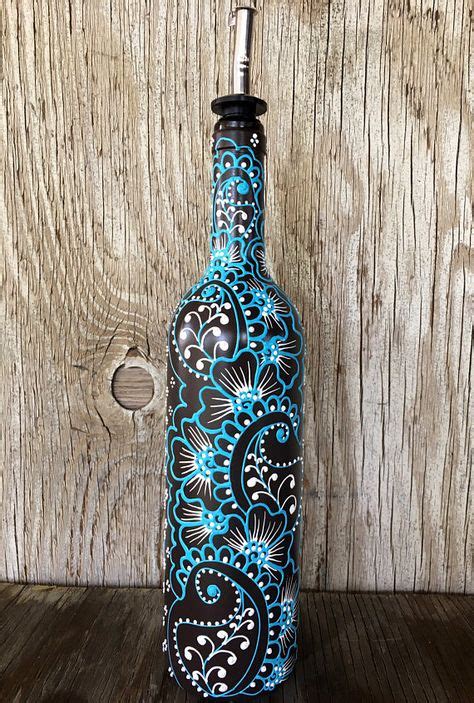 Hand Painted Wine Bottle Vase Up Cycled Turquoise And Coral Orange