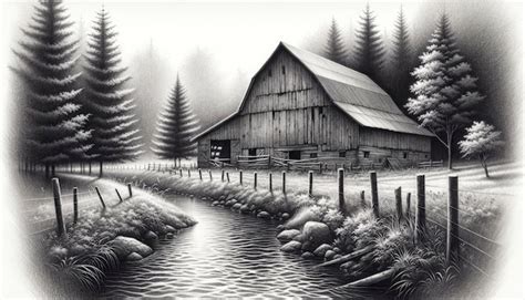 Premium Photo | A pencil drawing showcasing a serene countryside landscape with a rustic barn ...