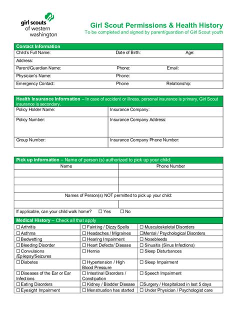 Fillable Online Gsww Girl Scout Permissions And Health History Form Girl