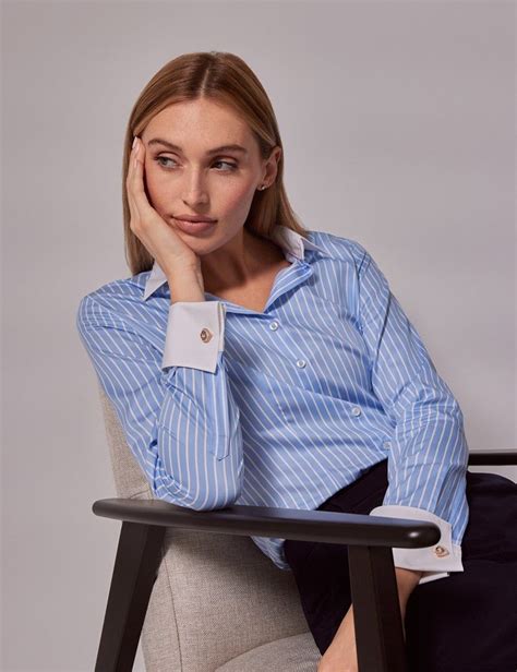 Women S Executive Blue White Fine Stripe Fitted Shirt White Collar