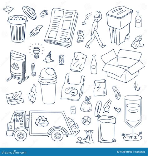 Doodle Trash Cans Icons Design Garbage Bins For Sorting Waste Plastic