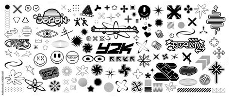 Retrofuturistic Y2k Rave Trip Elements Set Acid Geometric Shapes In