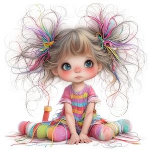 12 Quirky Cute Little Messy Hair Girl Clipart Bundle, Whimsical Illustration, Printable