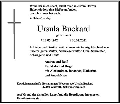 ursula buckard traueranzeige westdeutsche zeitung