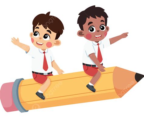 Indonesian Students Kids Riding Flying Pencil To School Anak Sekolah