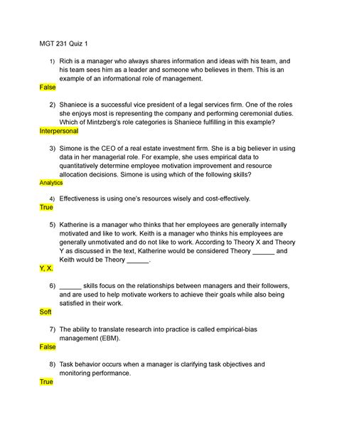 MGT 231 Intro To Supervision And Management QUIZ Chapter 1 MGT 231