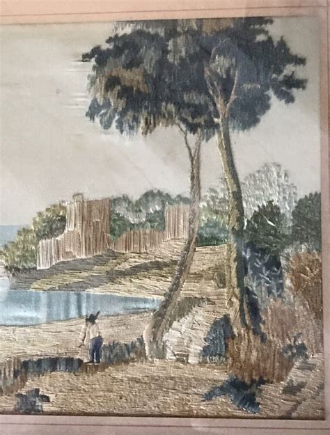 Tableau Ancien XIXème Tissé Fil De Soie Scène Champêtre Avec Ruines