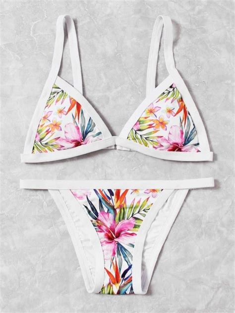 Contrast Piping Triangle Top With Floral Bikini Set