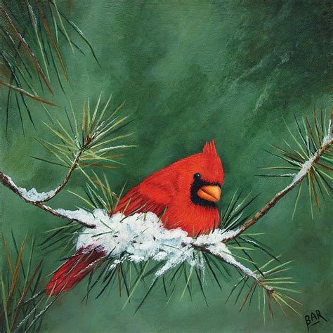 Red Cardinal In Pine Tree Painting By Barbara Robertson Pixels