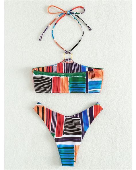 Multicolored Striped Halter Neck Bikini Set