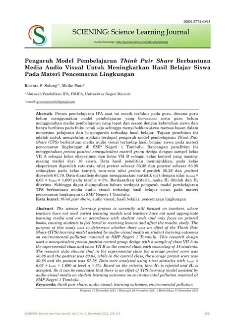 Pdf Pengaruh Model Pembelajaran Think Pair Share Berbantuan Media Audio Visual Untuk