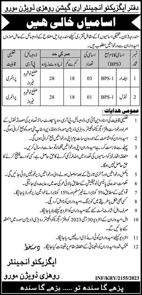 Irrigation Department Rohri Division Jobs Job Advertisement