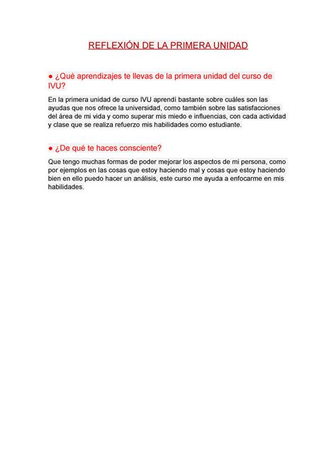 Reflexion IVU tarea REFLEXIÓN DE LA PRIMERA UNIDAD Qué aprendizajes