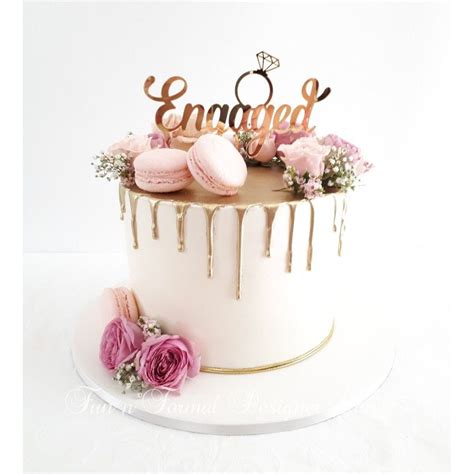 Gold Drip Cake With Fresh Flowers And Macarons Engagement Party Cake