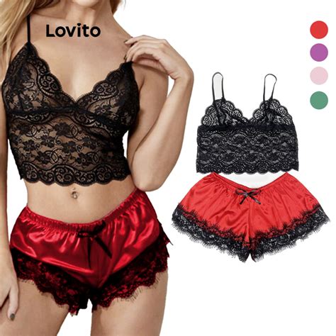 Lovito Sexy Lace Lingerie Bra And Panty Set For Women L Dark