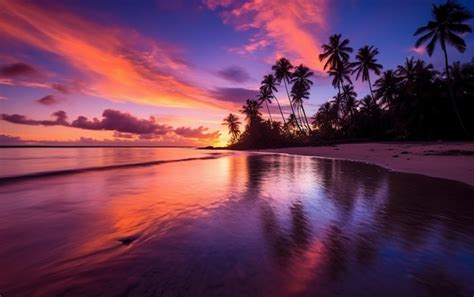 Premium Photo A Beach At Sunset With Palm Trees And A Purple Sky