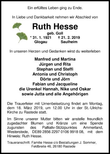 Traueranzeigen Von Ruth Hesse Nordwest Trauer De