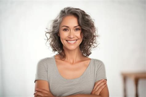 Uma mulher de cabelos grisalhos e camisa cinza os braços cruzados