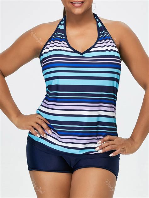 2018 Padded Striped Plus Size Halter Tankini Swimsuits In Purplish Blue Xl