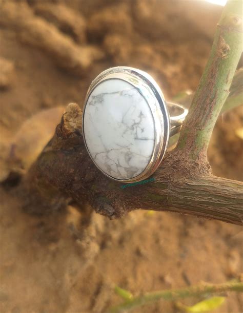 White Howlite Ring Silver Ringbig Oval Stone Ring Etsy