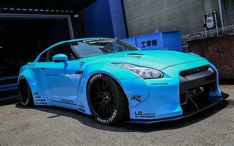 Nissan Gtr R35 Liberty Walk Azul Cielo Coches Azules Vista Frontal Coche Fondo De Pantalla