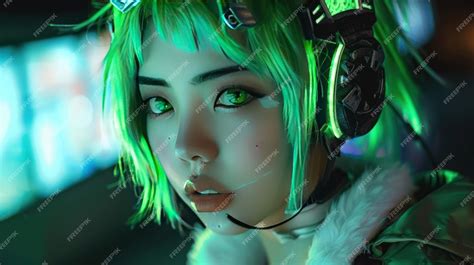 Premium Photo Short Green Haired Girl Model In Modern Cyberpunk Style Concept Ai Generated Image