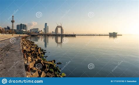 Caspian Sea Coast In Baku During Sunrise New Construction Stock Photo