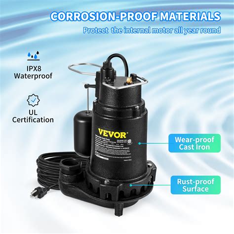 Vevor 1hp Sewage Pump 5600 Gph Cast Iron Submersible Sump Pump With Automatic Snap Action Float