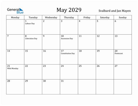 May Monthly Calendar With Svalbard And Jan Mayen Holidays