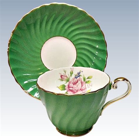 Aynsley Bone China Cup And Saucer Emerald Green With Rose Tea Set