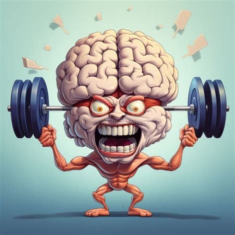 Cartoon Brain Lifting Barbell Generative AI Stock Illustration