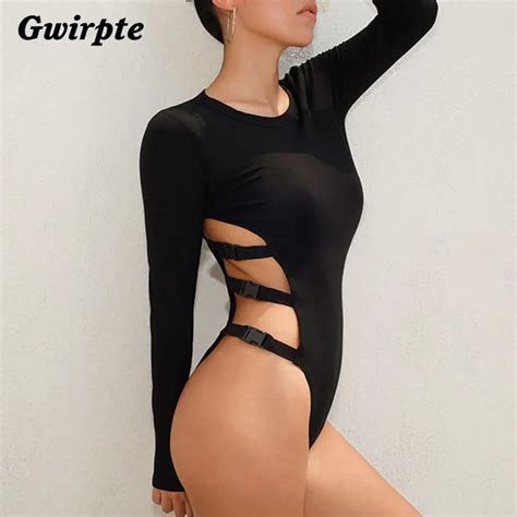 Black Gwirpte Cotton Bodysuit Women Sexy Hollow Out Bodysuit Female