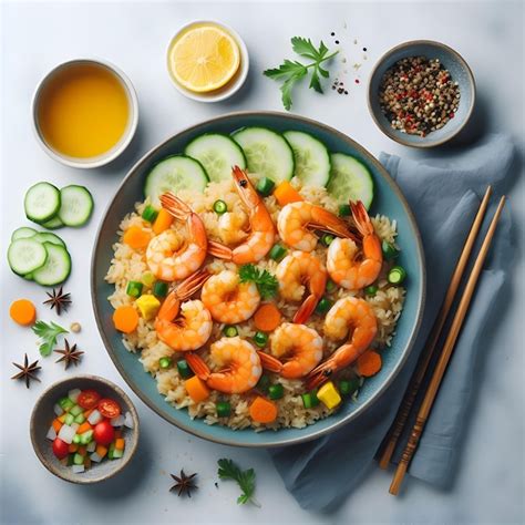 Premium Photo Fried Shrimps Fried Rice On Plate Top View With Solid