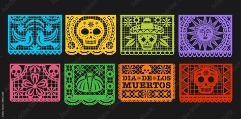 Paper flags, vector Mexican Day of the Dead papel picado bunting. Mexico Dia de los Muertos or ...