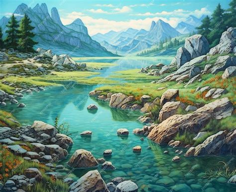 Premium Ai Image Painting Of A River Running Through A Valley With