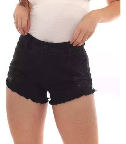 Short Jeans Feminino Preto Cintura Alta Desfiado Premium Parcelamento