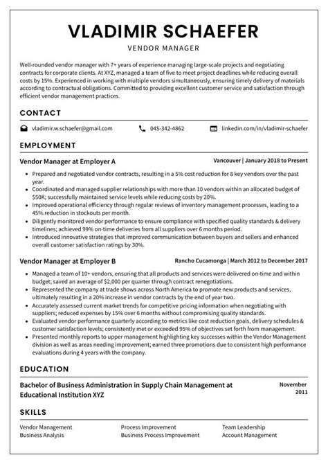 Vendor Manager Resume Cv Example And Writing Guide