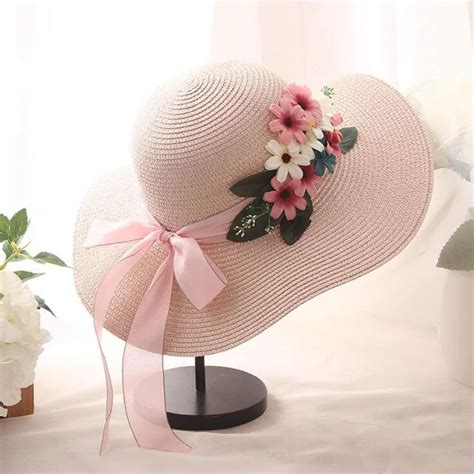 Women Outdoor Beach Hat Floral Bow Sun Hat New Arrival Double Flowers Weave Straw Hat Fashion ...