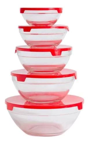 Conjunto 5 Tigelas Vasilhas Potes Bowls De Vidro Tampa