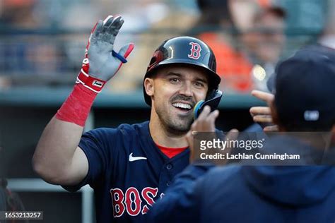 Adam Duvall Of The Boston Red Sox Celebrates In The Dugout After