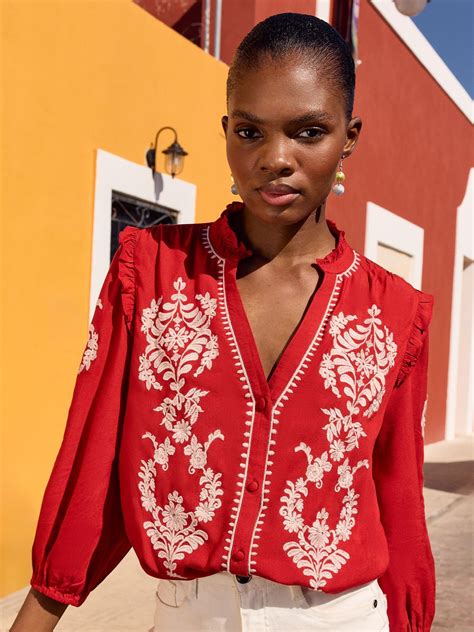 Buy Love & Roses Red Embroidery Embroidered V Neck 3/4 Sleeve Blouse