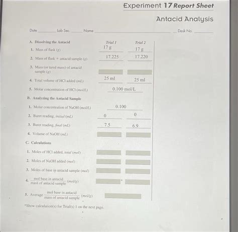 Solved Experiment 17 Report Sheet Antacid Analysis Date Lab Chegg